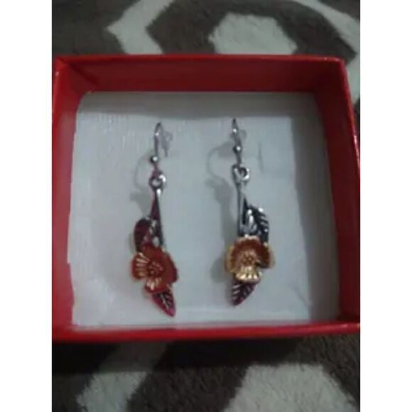 New - Copper Flower with Silver Leaf Hanging Hook Earrings - Picture 5 of 6